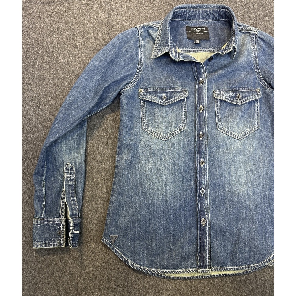 Triumph Motorcycles Denim Button Front Shirt Western Cotton Blue Women's Small - Picture 4 of 15